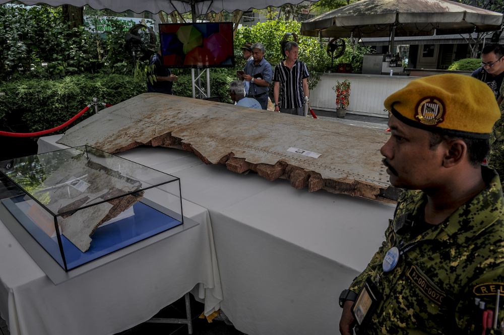 A piece of debris from flight MH370 is displayed during the remembrance ceremony to mark the 5th anniversary of the planeu00e2u20acu2122s disappearance in Kuala Lumpur March 3, 2019. u00e2u20acu201d Picture by Firdaus Latif 