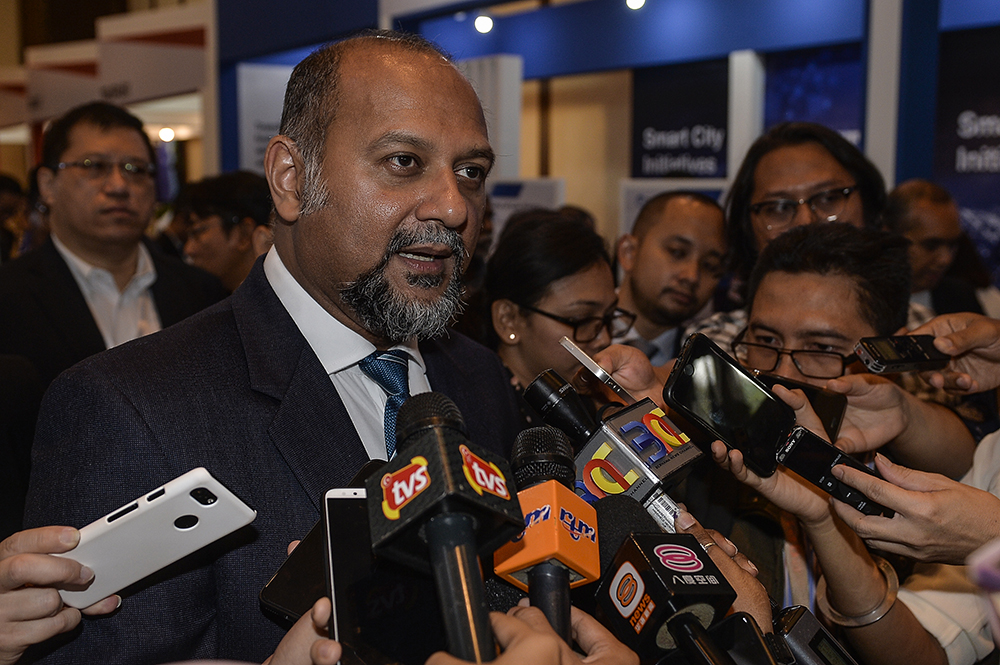 Communication and Multimedia Minister Gobind Singh Deo speaks to the press during the launch of the Cyberjaya Infra Conference and Exhibition 2019 in Cyberjaya  March 04, 2019. u00e2u20acu201d Picture by Miera Zulyana