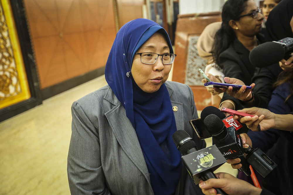 Fuziah Salleh speaks to reporters in Parliament in Kuala Lumpur March 25, 2019. u00e2u20acu201d Picture by Firdaus Latif