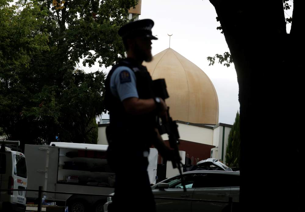 A police officer patrols outside Masjid Al Noor mosque after yesterday's mosque attacks in Christchurch March 16, 2019. u00e2u20acu2022 Reuters pic