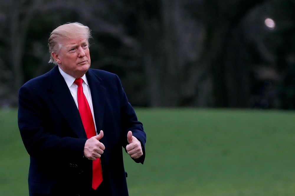 US President Donald Trump reacts as he returns to the White House after US Attorney General William Barr reported to congressional leaders on the submission of the report of Special Counsel Robert Mueller in Washington March 24, 2019. u00e2u20acu201d Reuters pic     