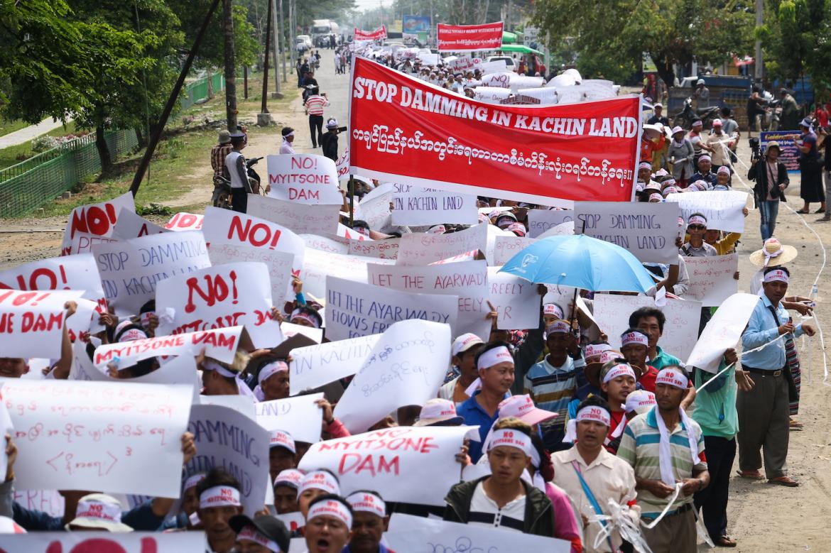 People from Kachin State take part in a protest against the Myitsone dam in Waingmaw on April 22. (AFP)