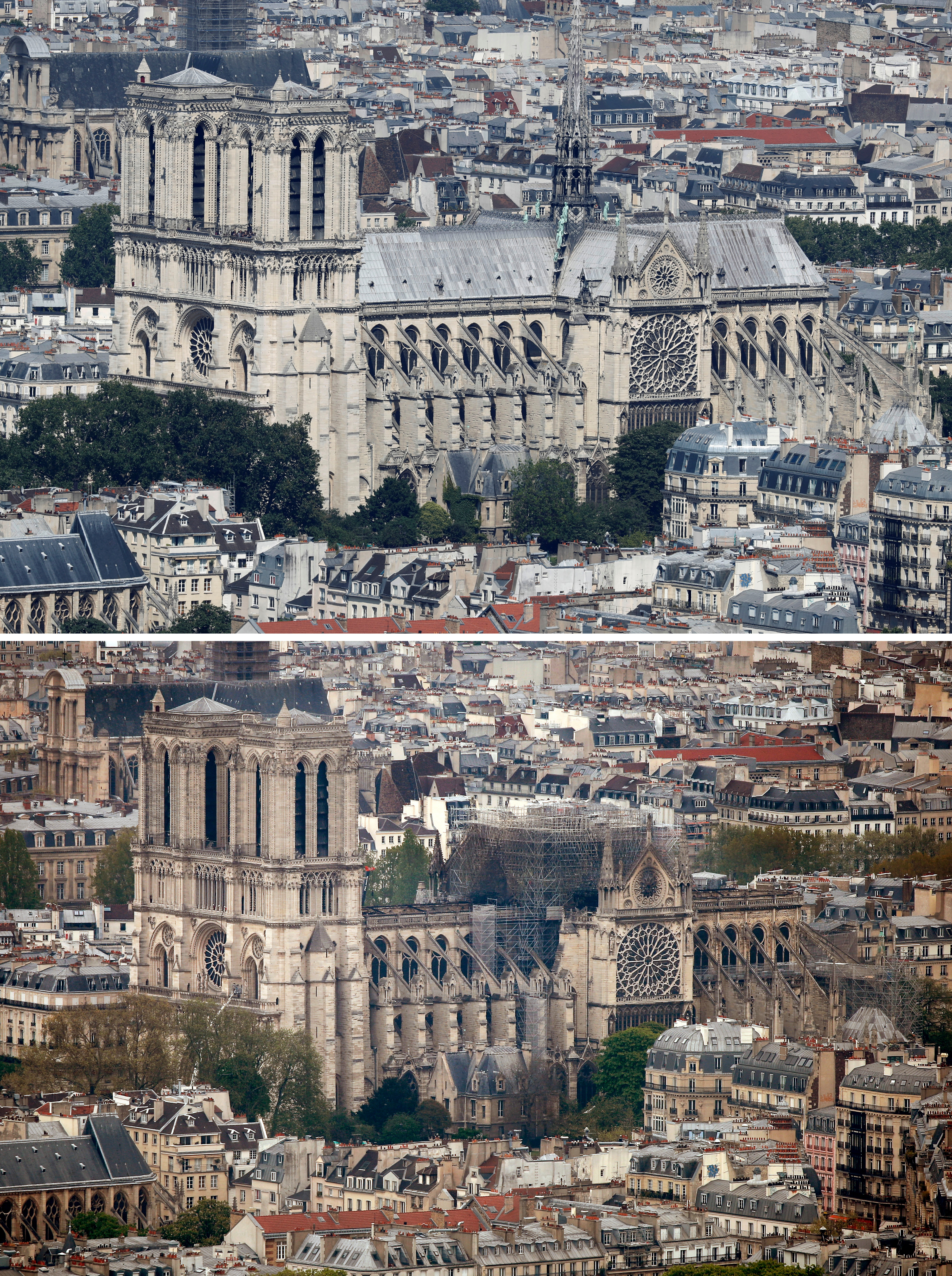 巴黎圣母院发生火灾前后对照图。-路透社-