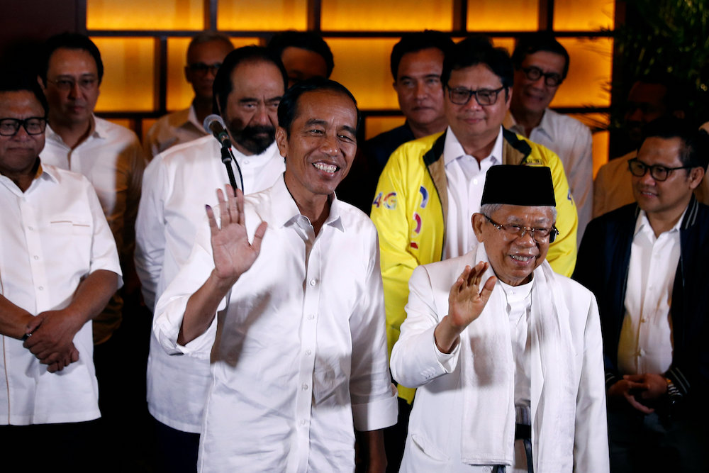 Indonesiau00e2u20acu2122s President Joko Widodo and his running mate Mau00e2u20acu2122ruf Amin react after a quick count result during the Indonesian elections in Jakarta April 17, 2019. u00e2u20acu201d Reuters picnn