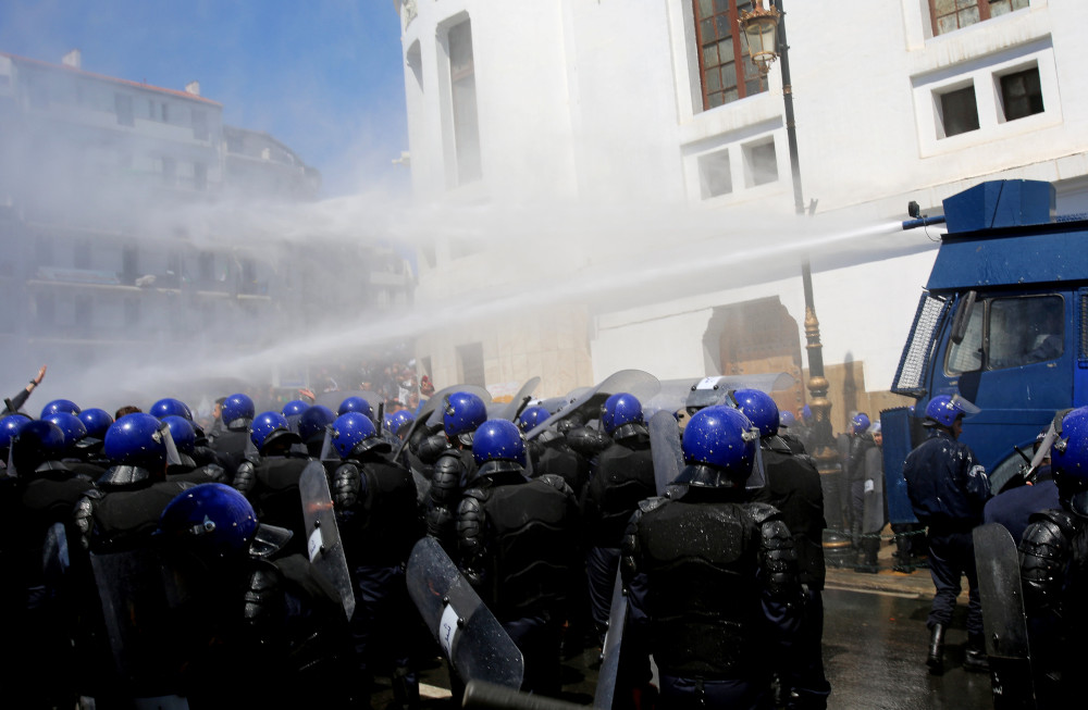 Police officers use a water cannon to disperse people protesting after parliament appointed upper house chairman Abdelkader Bensalah as interim president following the resignation of Abdelaziz Bouteflika, in Algiers, Algeria April 9, 2019. u00e2u20acu201d Reuters pic
