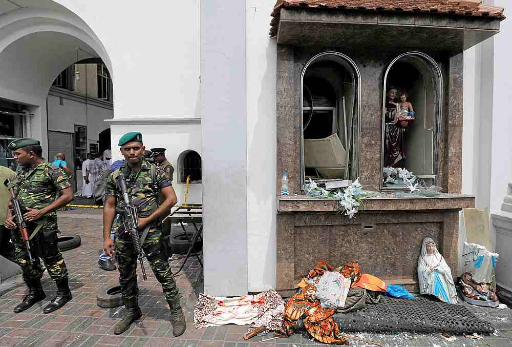 Sri Lankan military officials stand guard in front of the St Anthony's Shrine, Kochchikade church after an explosion in Colombo April 21, 2019. u00e2u20acu201d Reuters pic