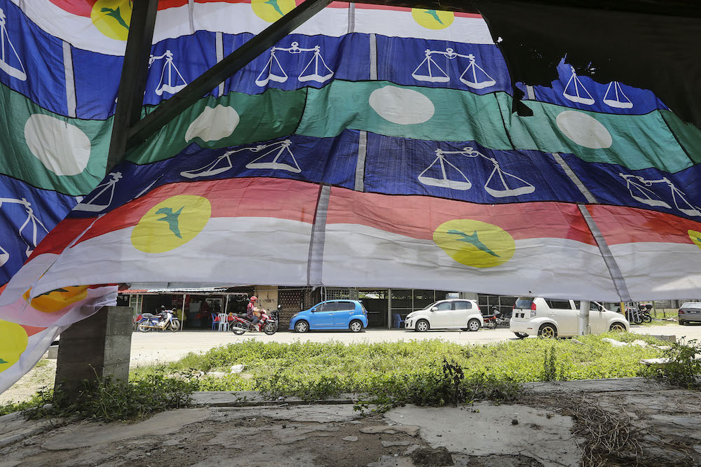 Umno, Barisan Nasional and PAS flags are seen in Pekan Kuala Sawah, Rantau April 10, 2019. u00e2u20acu201d Picture by Yusof Mat Isa