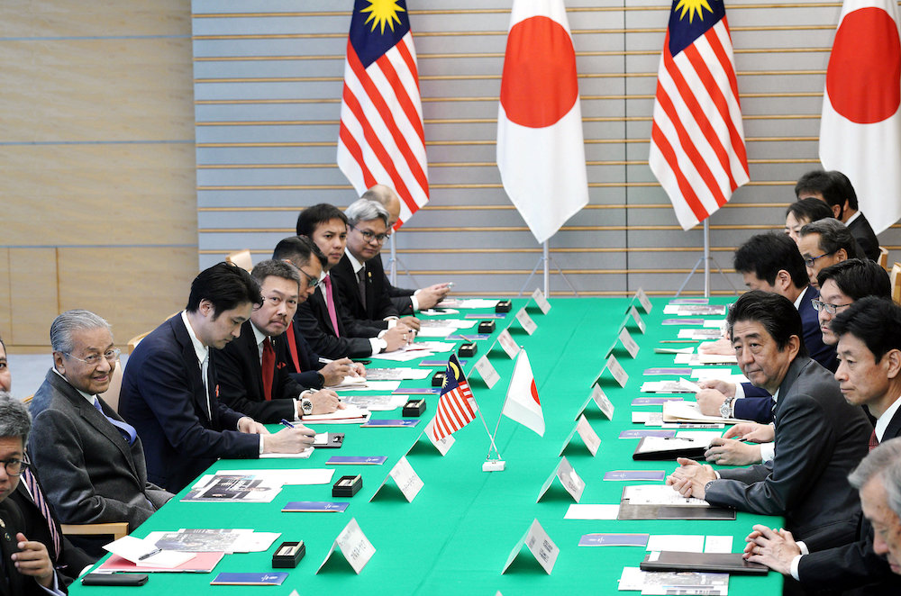Prime Minister Tun Dr Mahathir Mohamad and Japanu00e2u20acu2122s Prime Minister Shinzo Abe attend a meeting at Abeu00e2u20acu2122s official residence in Tokyo May 31, 2019. u00e2u20acu201d Reuters pic