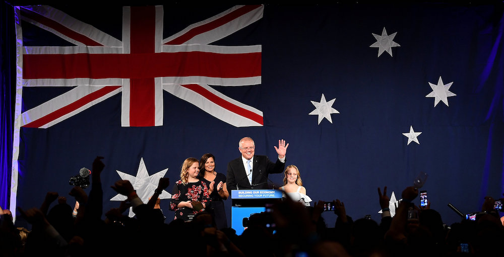 Australia's Prime Minister Scott Morrison with wife Jenny, children Abbey and Lily after winning the 2019 Federal Election, at the Federal Liberal Reception at the Sofitel-Wentworth hotel in Sydney May 18, 2019. u00e2u20acu201d Reuters picnn