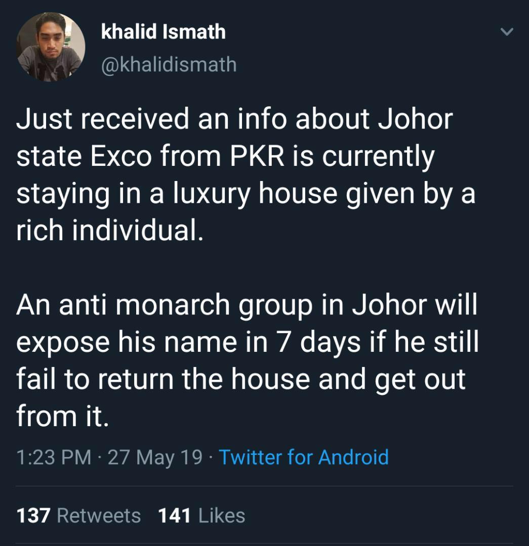 卡立莫哈末在推特爆料指公正党行政议员接受他人赠送公寓。