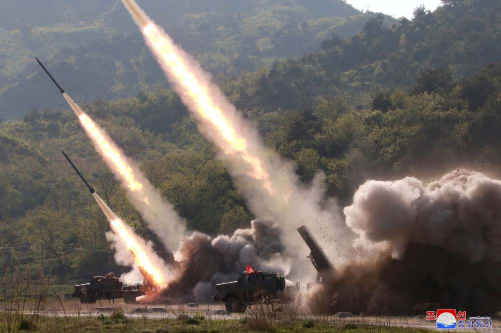 Missiles are seen launched during a military drill in North Korea, in this May 10, 2019 photo supplied by the Korean Central News Agency (KCNA). u00e2u20acu2022 Reuters pic