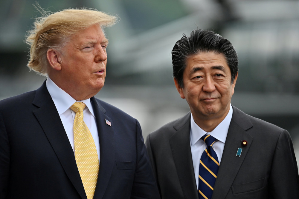 US President Donald Trump and Japanese Prime Minister Shinzo Abe onboard the Japanu00e2u20acu2122s navy ship u00e2u20acu02dcKagau00e2u20acu2122 May 28, 2019 in Yokosuka, Japan. u00e2u20acu201d Reuters pic 