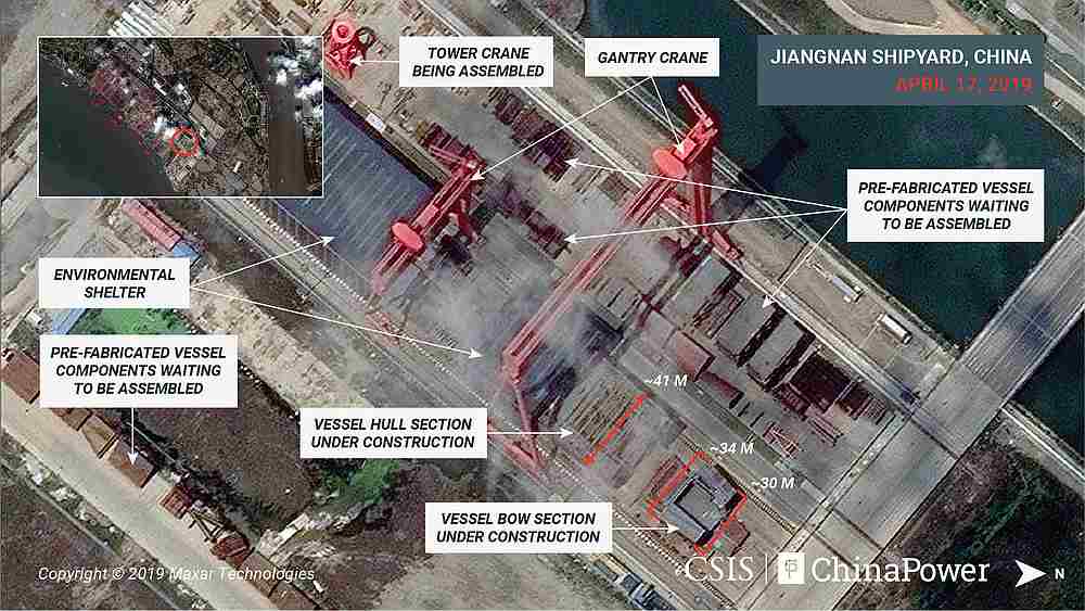 A satellite image shows what appears to be the construction of a third Chinese aircraft carrier at the Jiangnan Shipyard in Shanghai, China April 17, 2019. u00e2u20acu201d CSIS/ChinaPower/Maxar Technologies 2019 handout via Reuters 