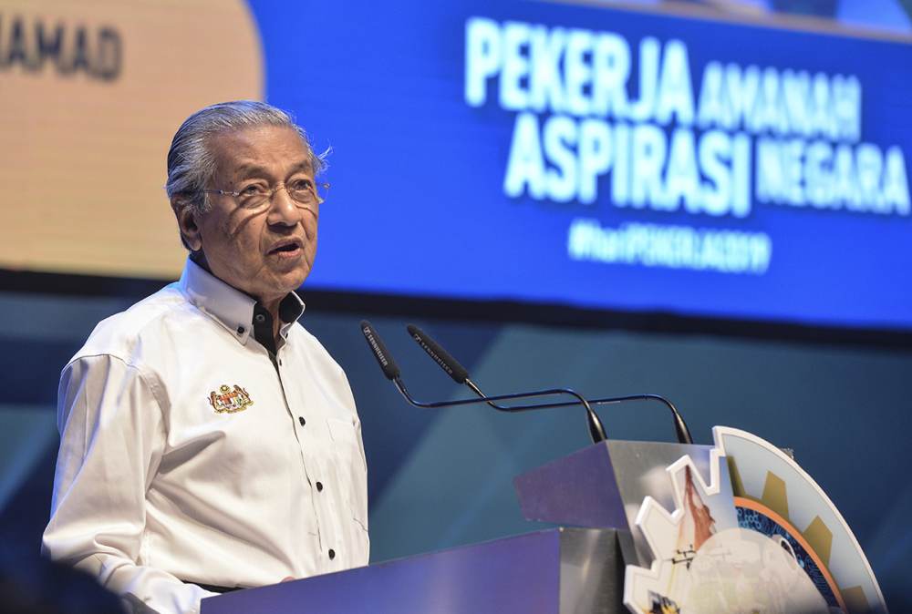 Prime Minister Tun Dr Mahathir Mohamad speaks during the National Labour Day Celebration in Putrajaya May 1, 2019. u00e2u20acu2022 Picture by Shafwan Zaidon
