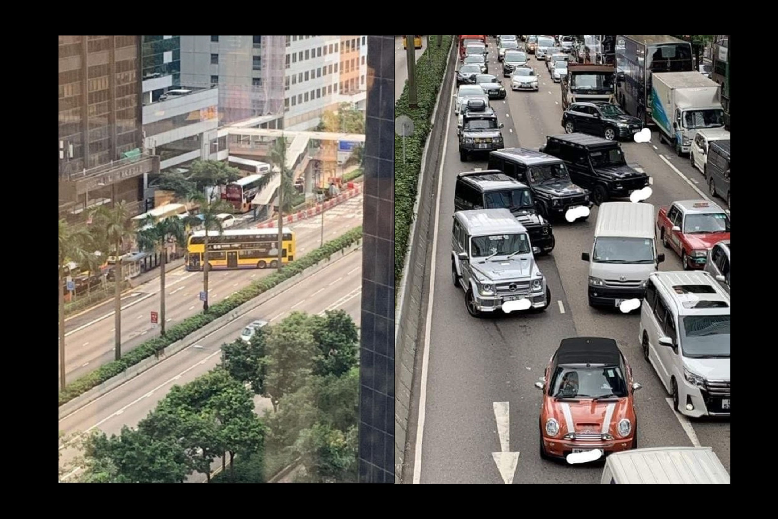 连公共巴士也“失常”（左）。有网民表示理解称：“天雨路滑，巴士这么大辆，好难驾驭。”-撷取自PTT和100毛脸书-