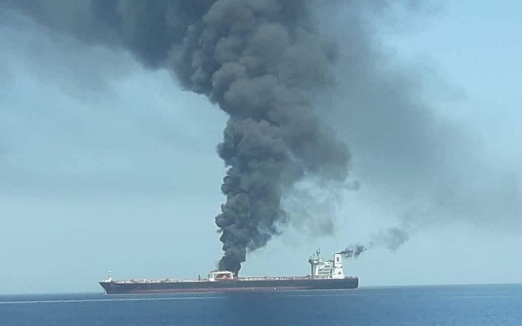 An oil tanker is seen after it was attacked at the Gulf of Oman, June 13, 2019. u00e2u20acu201d ISNA handout via Reuters