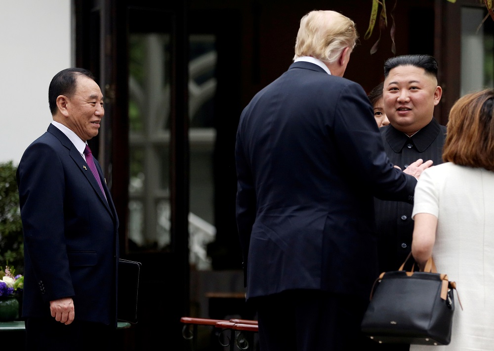 Kim Jong-un and Donald Trump talk at the Metropole hotel as Kim Yong Chol, VC of the North Korean Workeru00e2u20acu2122 Party Committee, looks on during the second North Korea-US summit in Hanoi February 28, 2019. u00e2u20acu201d Reuters pic          
