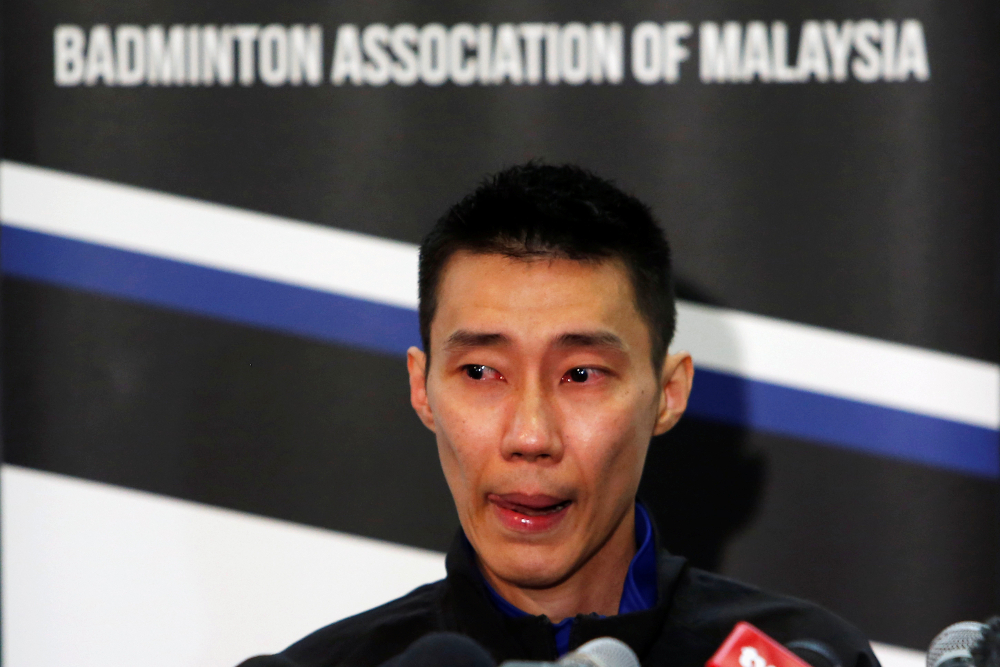 Malaysiau00e2u20acu2122s badminton player Datuk Lee Chong Wei reacts during a news conference to announce his retirement in Putrajaya June 13, 2019. u00e2u20acu201d Reuters pic