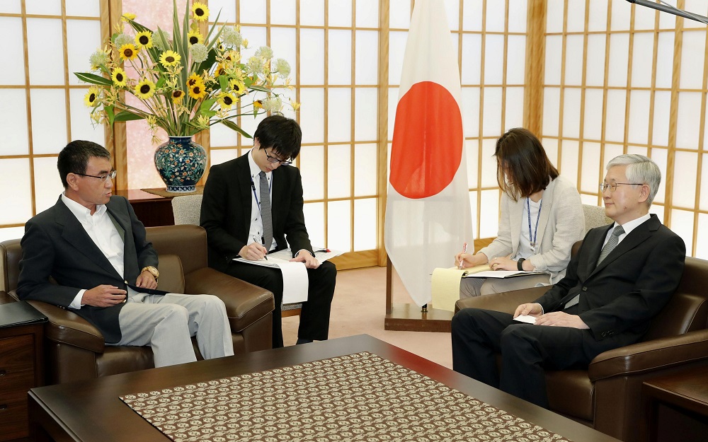 Japanese Foreign Minister Taro Kono meets with South Koreau00e2u20acu2122s ambassador to Japan Nam Gwan-pyo at the Foreign Ministry in Tokyo July 19, 2019. u00e2u20acu201d Picture courtesy of Kyodo via Reuters