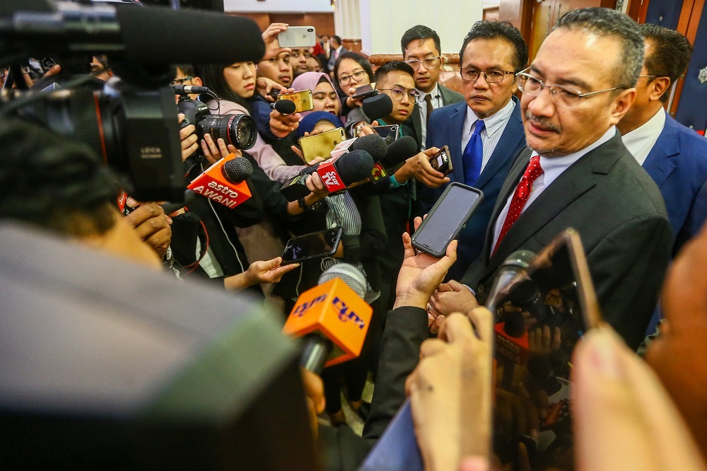 Datuk Seri Hishammuddin Hussein speaks to reporters at the Parliament lobby in Kuala Lumpur July 8, 2019. u00e2u20acu201d Picture by Hari Anggara
