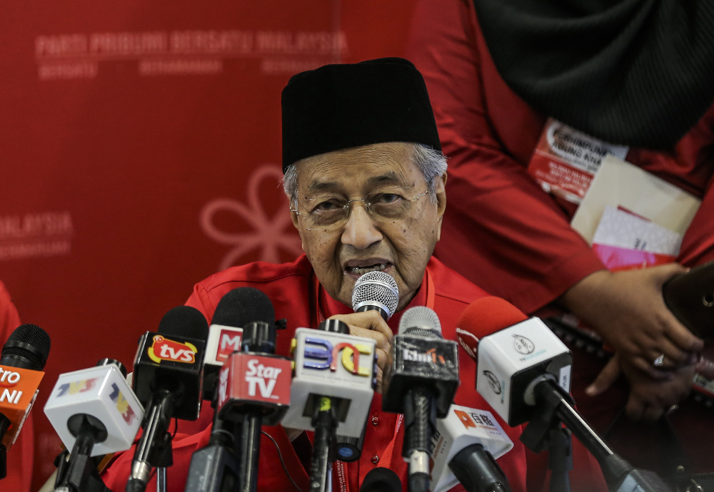 Parti Pribumi Bersatu Malaysia (PPBM) chairman Tun Dr Mahathir Mohamad speaks during Bersatu special assembly, at Malaysia Exposition Park Serdang (MAEPS), Serdang July 20, 2019. u00e2u20acu201d Picture by Firdaus Latif