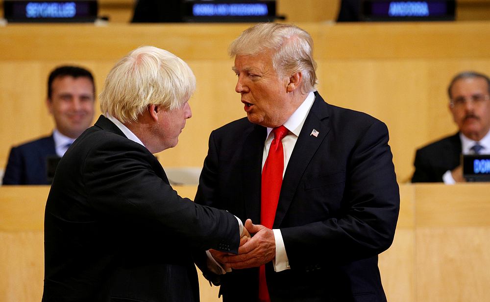 US President Donald Trump shakes hands with then British Foreign Secretary Boris Johnson (left) at the UN Headquarters in New York September 18, 2017. u00e2u20acu201d Reuters pic