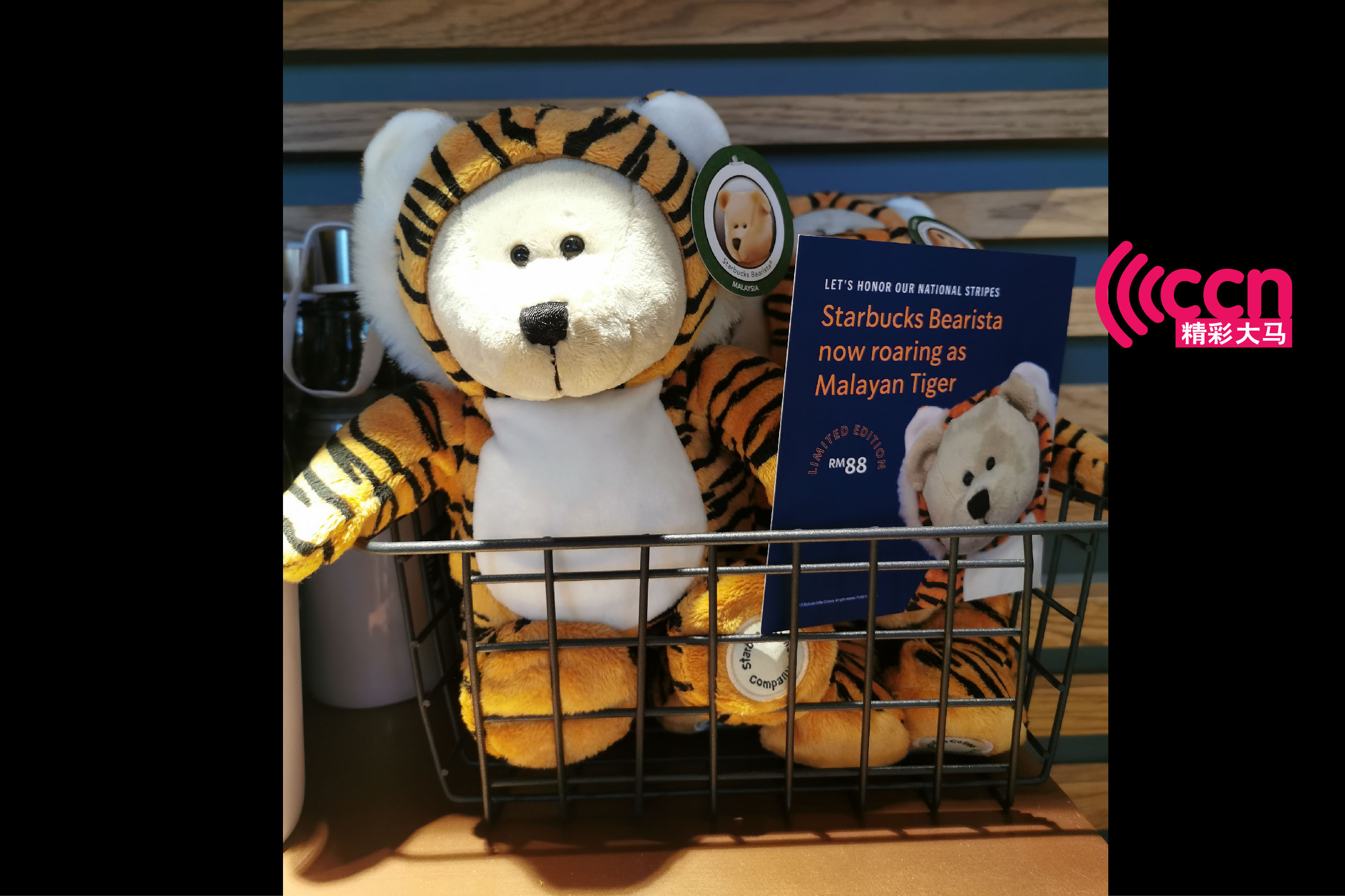 配合大马国庆月推出的老虎熊公仔，在全马星巴克门店都有销售。-杨琇媖摄-