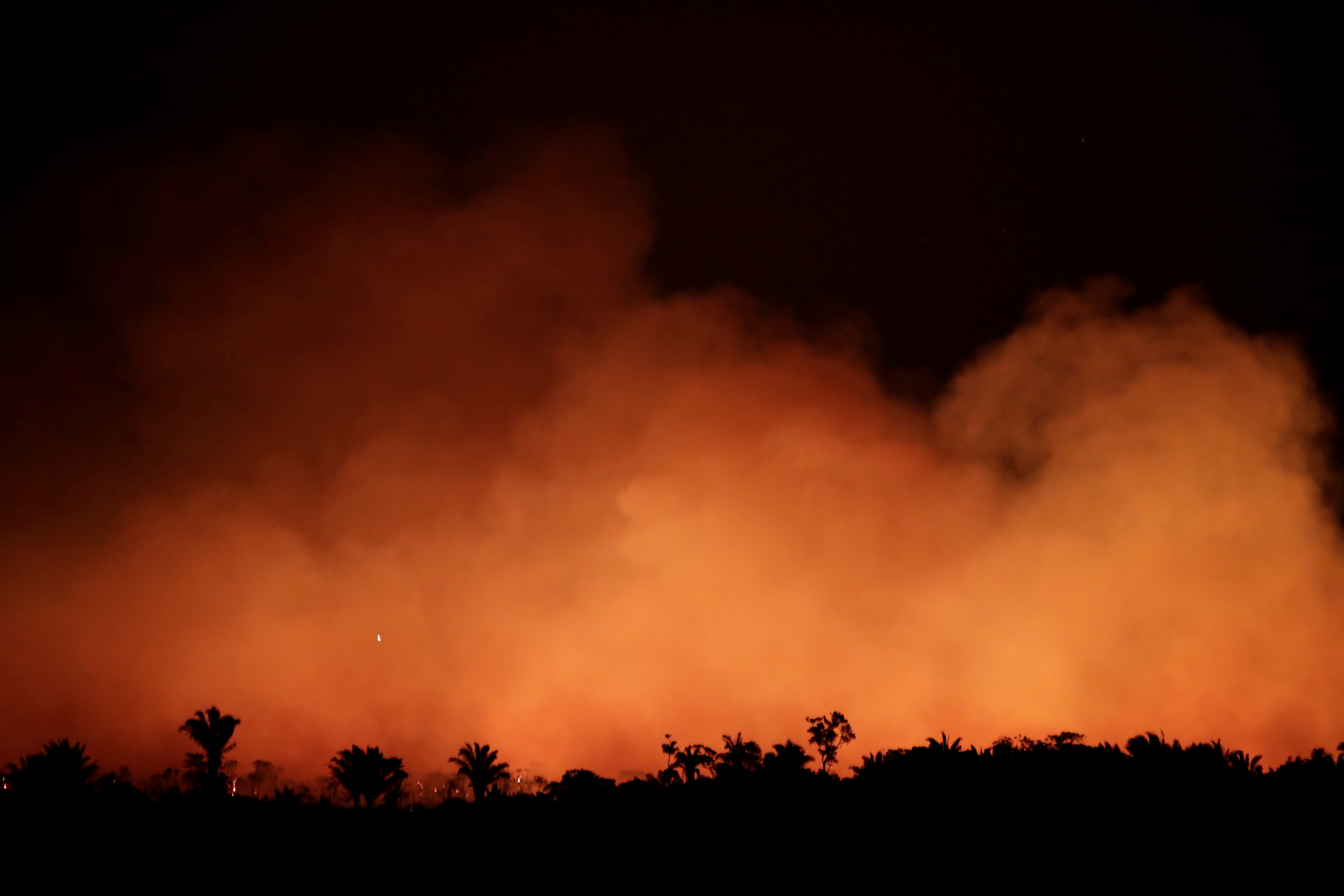 在巴西西北部的宏东尼亚州（Rondonia），森林上空升起浓烟，橘红色的火焰绵延了数公里长。-路透社-