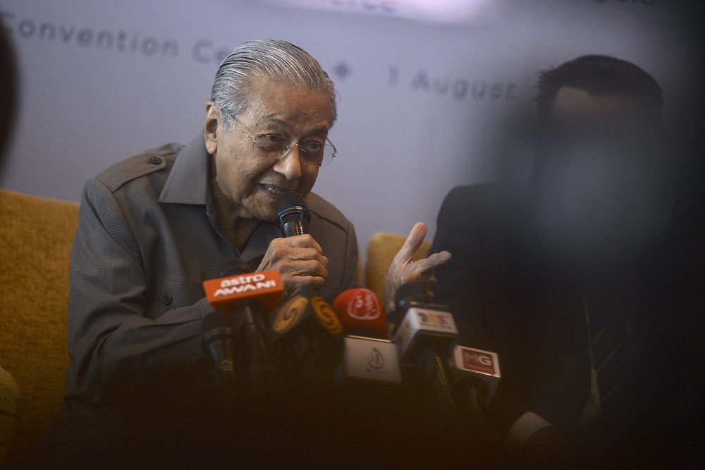 Prime Minister Tun Mahathir Mohamad speaks during a press conference after a roundtable discussion with international chambers of commerce at the Putrajaya International Convention Centre August 1, 2019. u00e2u20acu201d Picture by Shafwan Zaidon
