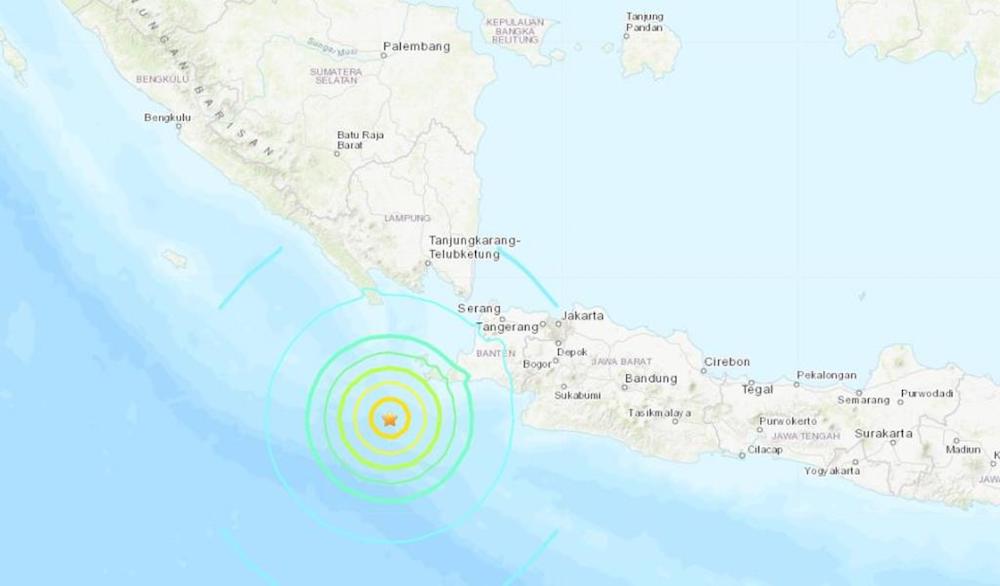 The Indonesian geophysics agency issued a tsunami warning after the quake, which the USGS said had hit at a depth of 59km, about 227km from the city of Teluk Betung on the island of Sumatra. u00e2u20acu201d Picture courtesy of US Geological Survey