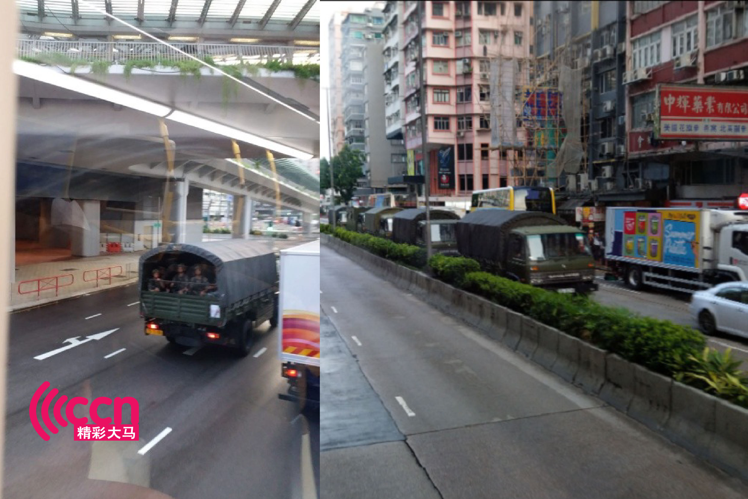 有网民在西九龙站拍摄到军车载有兵力。-图撷取自LIHKG-
