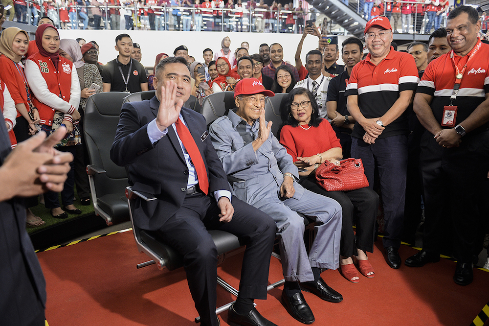 Transport Minister Anthony Loke, Prime Minister Tun Dr Mahathir Mohamad and AirAsia X chairman Tan Sri Rafidah Aziz visit AirAsia RedQ in Sepang August 16, 2019. u00e2u20acu201d Picture by Miera Zulyana