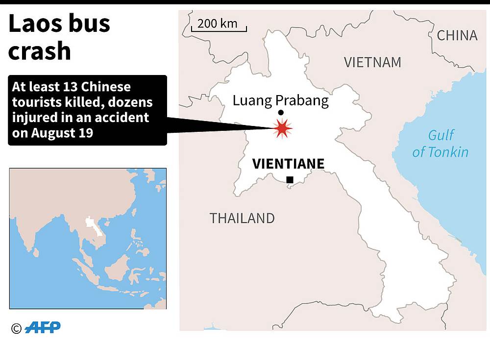 Map of Laos locating an approximate area where at least 13 Chinese tourists were killed and dozens injured in a bus accident August 19, 2019. u00e2u20acu201d AFP graphicn
