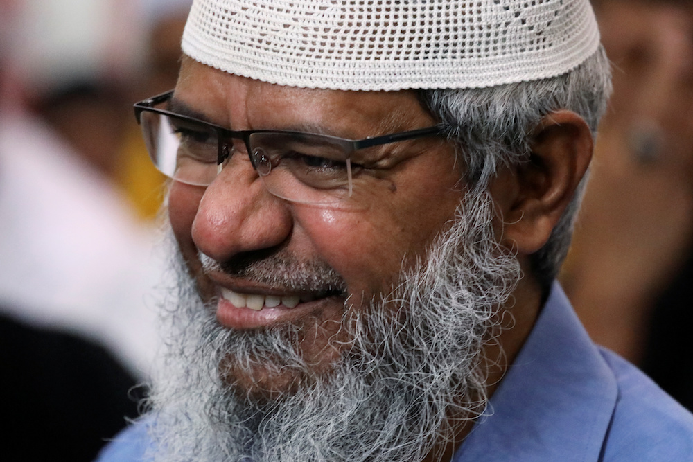 Indian Islamic preacher Dr Zakir Naik reacts during a prayer at a mosque in Melaka September 7, 2019. u00e2u20acu201d Reuters pic