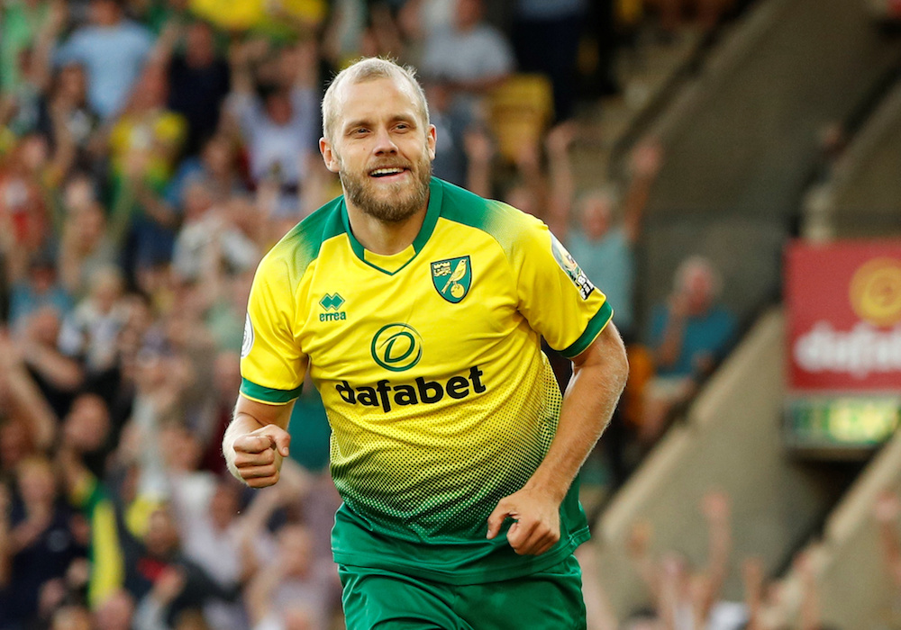 Norwich Cityu00e2u20acu2122s Teemu Pukki celebrates with teammates after scoring their third goal during their Premier League match with Manchester City at Carrow Road in Norwich September 14, 2019. u00e2u20acu201d Reuters pic