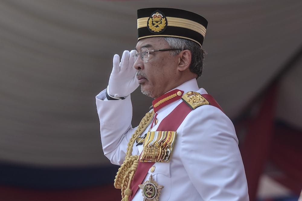 Yang di-Pertuan Agong Al-Sultan Abdullah Riu00e2u20acu2122ayatuddin Al-Mustafa Billah Shah graces the Trooping the Colour ceremony at Dataran Pahlawan Negara in Putrajaya September 12, 2019. u00e2u20acu201d Picture by Shafwan Zaidon