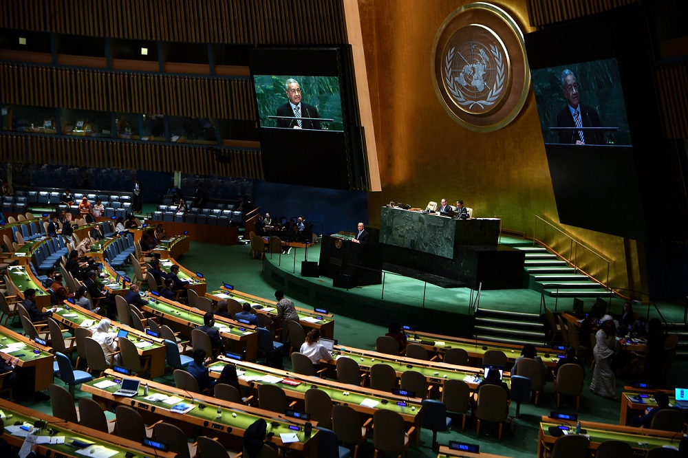 Prime Minister Tun Dr Mahathir Mohamad delivering his statement at the General Debate of the 74th Session of the United Nations General Assembly at the UN headquarters in New York September 28, 2019. u00e2u20acu201d Bernama pic