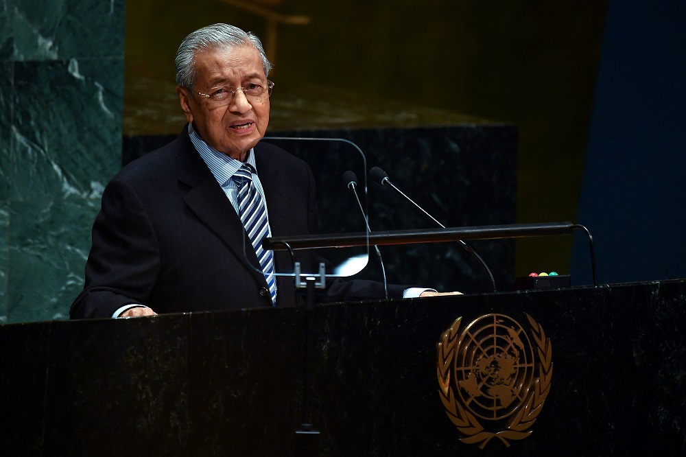 Prime Minister Tun Dr Mahathir Mohamad delivering his statement at the General Debate of the 74th Session of the United Nations General Assembly at the UN headquarters in New York September 28, 2019. u00e2u20acu201d Bernama pic