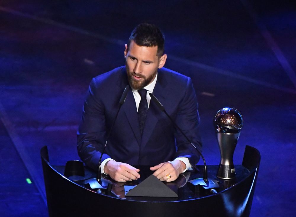 Barcelona's Lionel Messi delivers his speech after winning the Fifa Men's Player of the Year award in Milan September 23, 2019. u00e2u20acu2022 Reuters pic