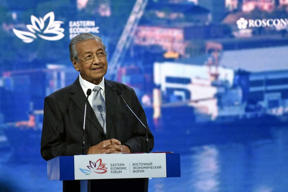 Prime Minister Tun Dr Mahathir Mohamad delivers his keynote address at plenary session of the 5th Eastern Economic Forum (EEF) 2019 at Far Eastern Federal University (FEFU) Campus in Vladivostok September 5, 2019. u00e2u20acu201d Bernama pic