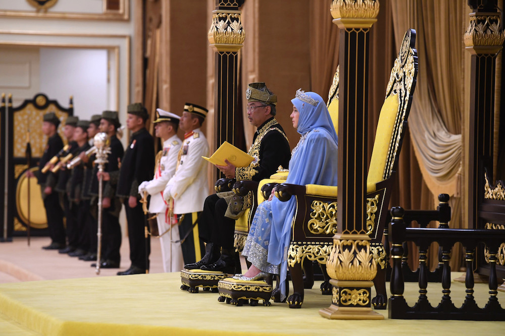 Yang di-Pertuan Agong Sultan Abdullah Ahmad Shah gives a speech during the investiture ceremony of federal awards and honours held in conjunction with his official birthday in Kuala Lumpur September 9, 2019. u00e2u20acu201d Bernama pic