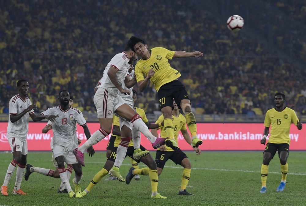 Malaysiau00e2u20acu2122s Muhammad Syafiq Ahmad in action during the 2022 World Cup qualifier match against UAE at the Bukit Jalil National Stadium in Kuala Lumpur 10 September, 2019. u00e2u20acu201d Bernama pic