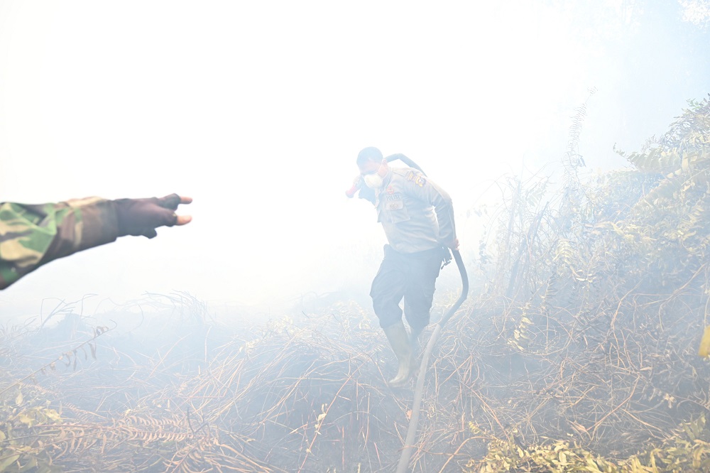 Indonesian firefighters spray water to help extinguish a fire in Kampar September 16, 2019. u00e2u20acu201d AFP pic          