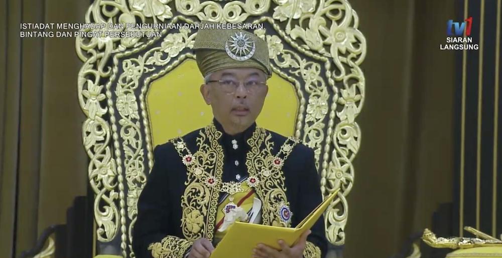 Yang di-Pertuan Agong Sultan Abdullah Ahmad Shah gives a speech during the investiture ceremony of federal awards and honours held in conjunction with his official birthday in Kuala Lumpur September 9, 2019. u00e2u20acu201d Screengrab via Twitter/Bernamadotcom