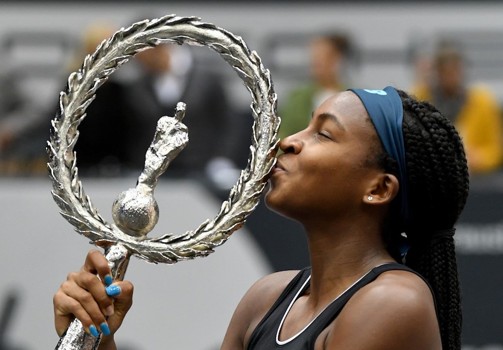 Cori Gauff of US kisses the trophy after she won her WTA-Upper Austria Ladies final tennis match against Jelena Ostapenko of Latvia in Linz, Austria October 13, 2019. u00e2u20acu201d AFP pic