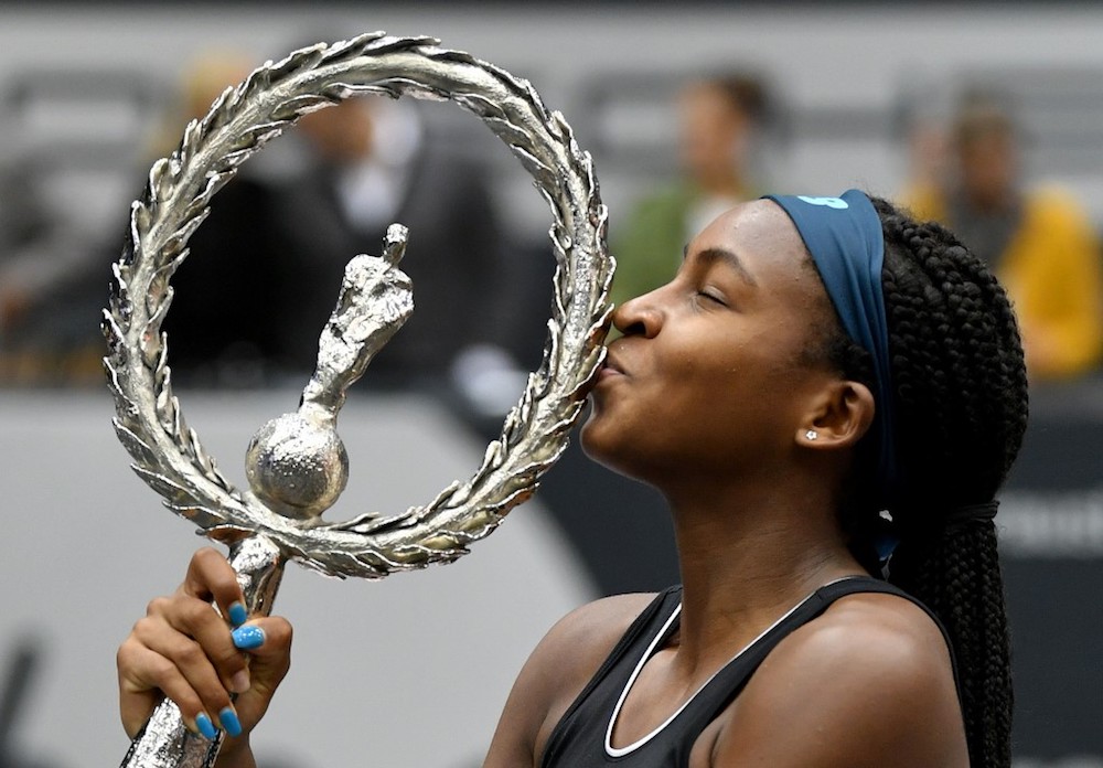 Cori Gauff of US kisses the trophy after she won her WTA-Upper Austria Ladies final tennis match against Jelena Ostapenko of Latvia in Linz, Austria October 13, 2019. u00e2u20acu201d AFP pic