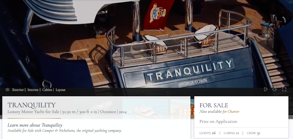 'Tranquility', the yacht that used to belong to Jho Low is up for sale again. u00e2u20acu201d Screenshot from Camper and Nicholson