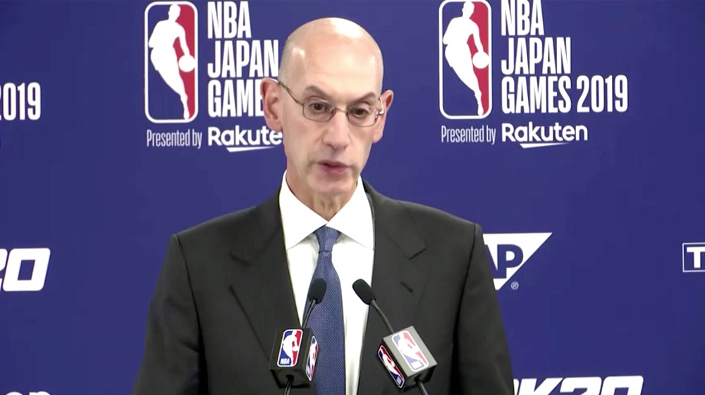 Adam Silver, Commissioner of the NBA, gives a statement during a news conference in Tokyo, Japan October 8, 2019 in this still image taken from a video. u00e2u20acu201d Screen capture via Reuters TV