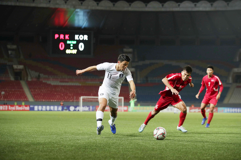 South Koreau00e2u20acu2122s Hwang Hee-chan in action during the 2022 World Cup Qualifier Round 3 Group H match with North Korea in Pyongyang October 15, 2019. u00e2u20acu201d Yonhap pic via Reuters