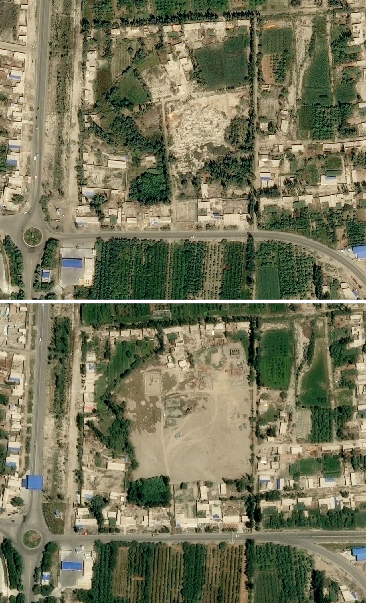 中国新疆省沙雅县一座墓园在2017年8月29日（上）与今年9月30日（下）的对比照，可见墓园被夷为平地。-法新社-